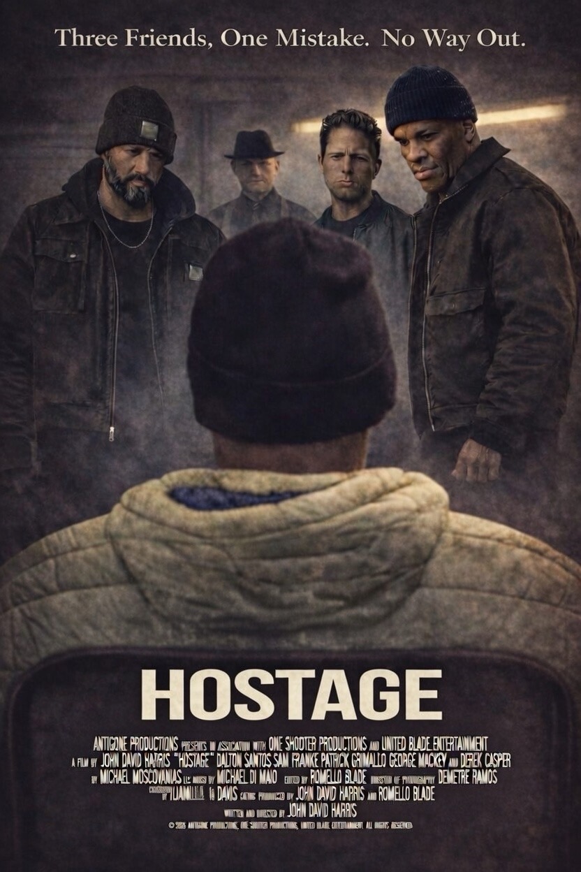 Four men stand outdoors at dusk, facing a person in a hoodie with their back to the camera, with a dark sky.