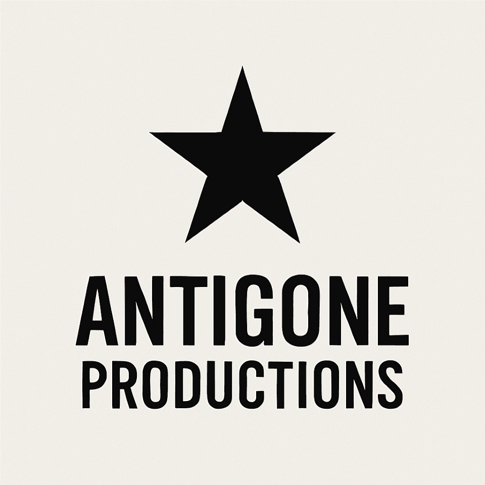 Black star above the text 'ANTIGONE PRODUCTIONS' on a white background.