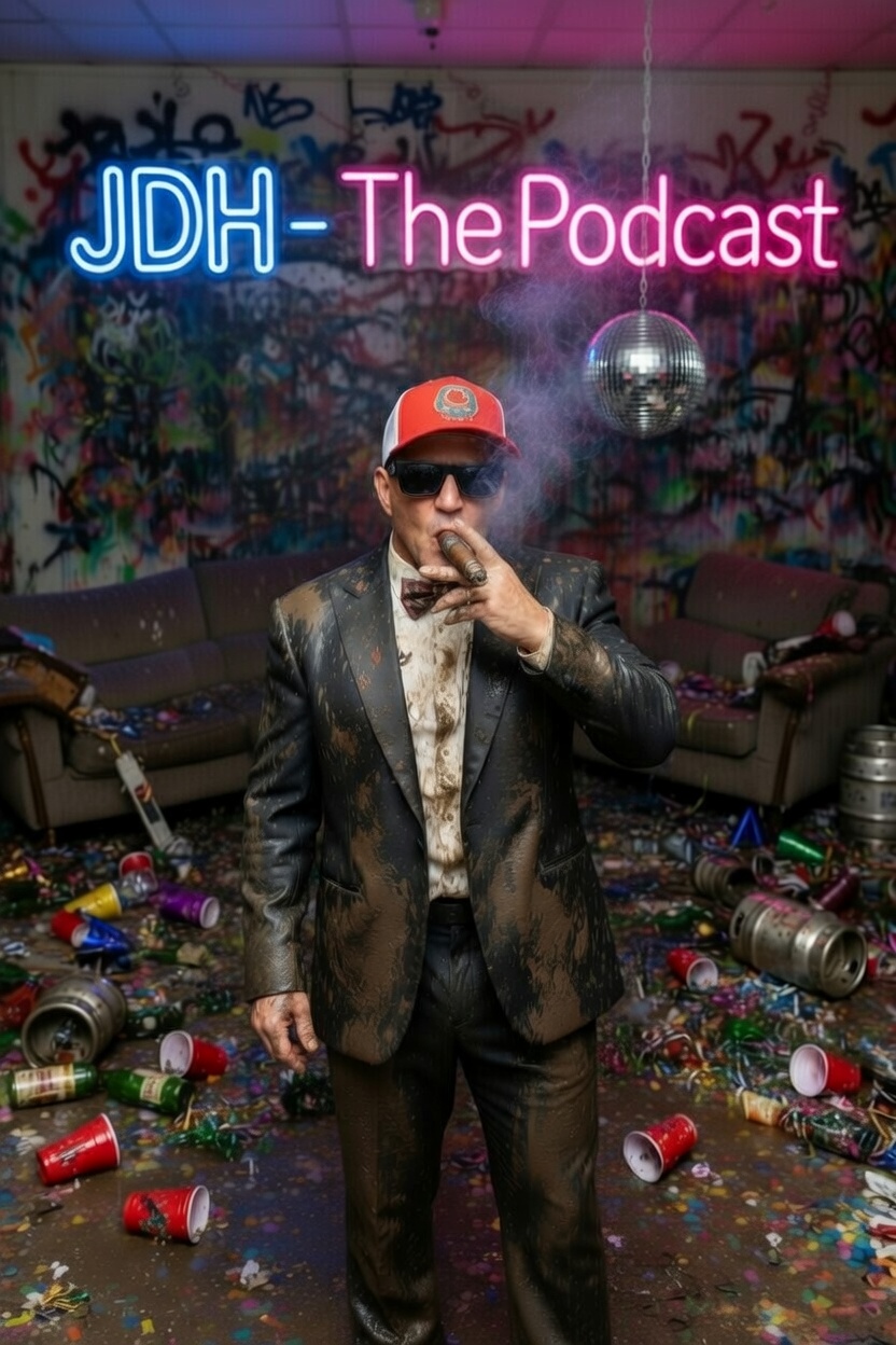Person in suit and sunglasses holding a phone, surrounded by scattered cups and confetti, with neon sign reading JDH - The Podcast.