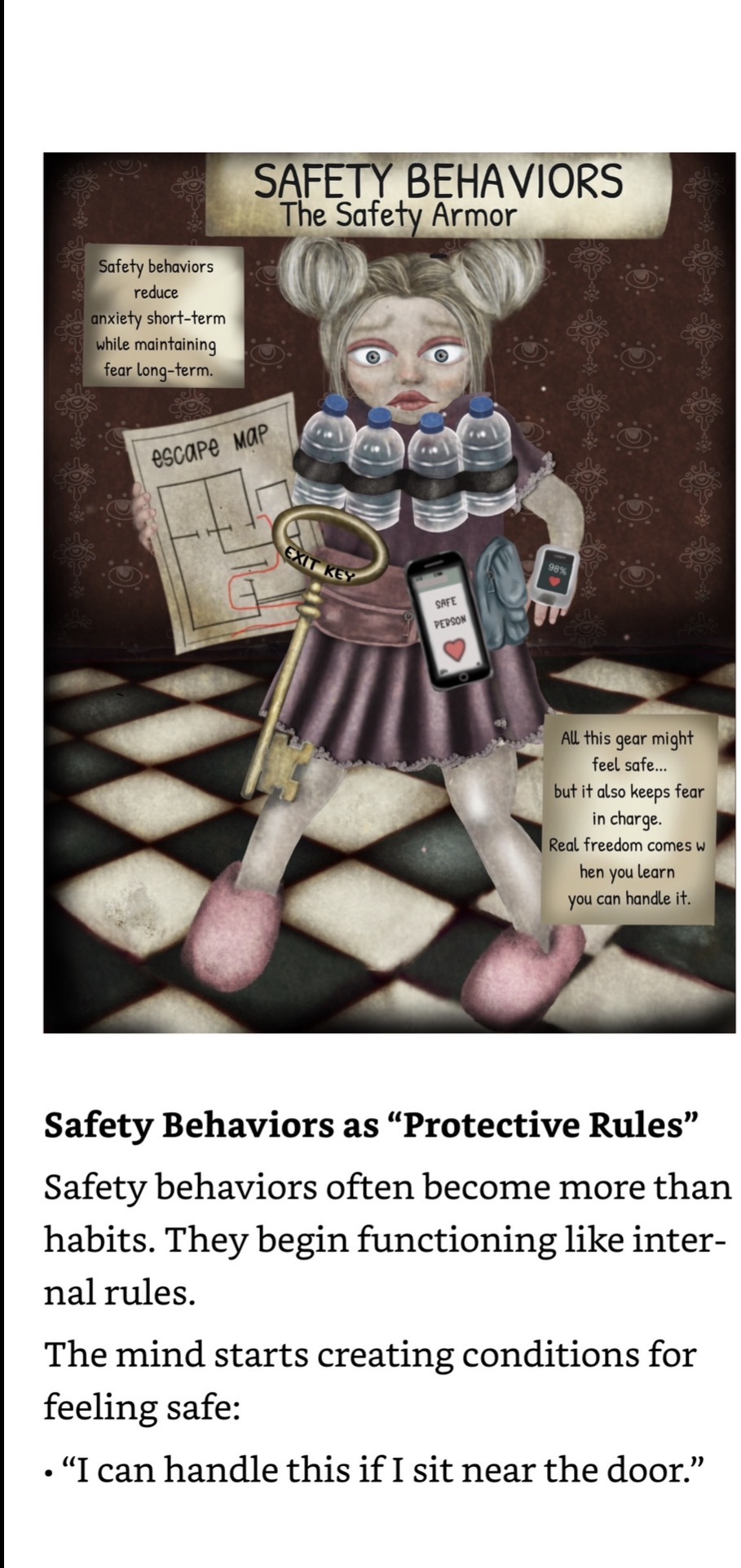 A cartoon girl in safety gear stands on a checkered floor with safety signs and equipment around her.