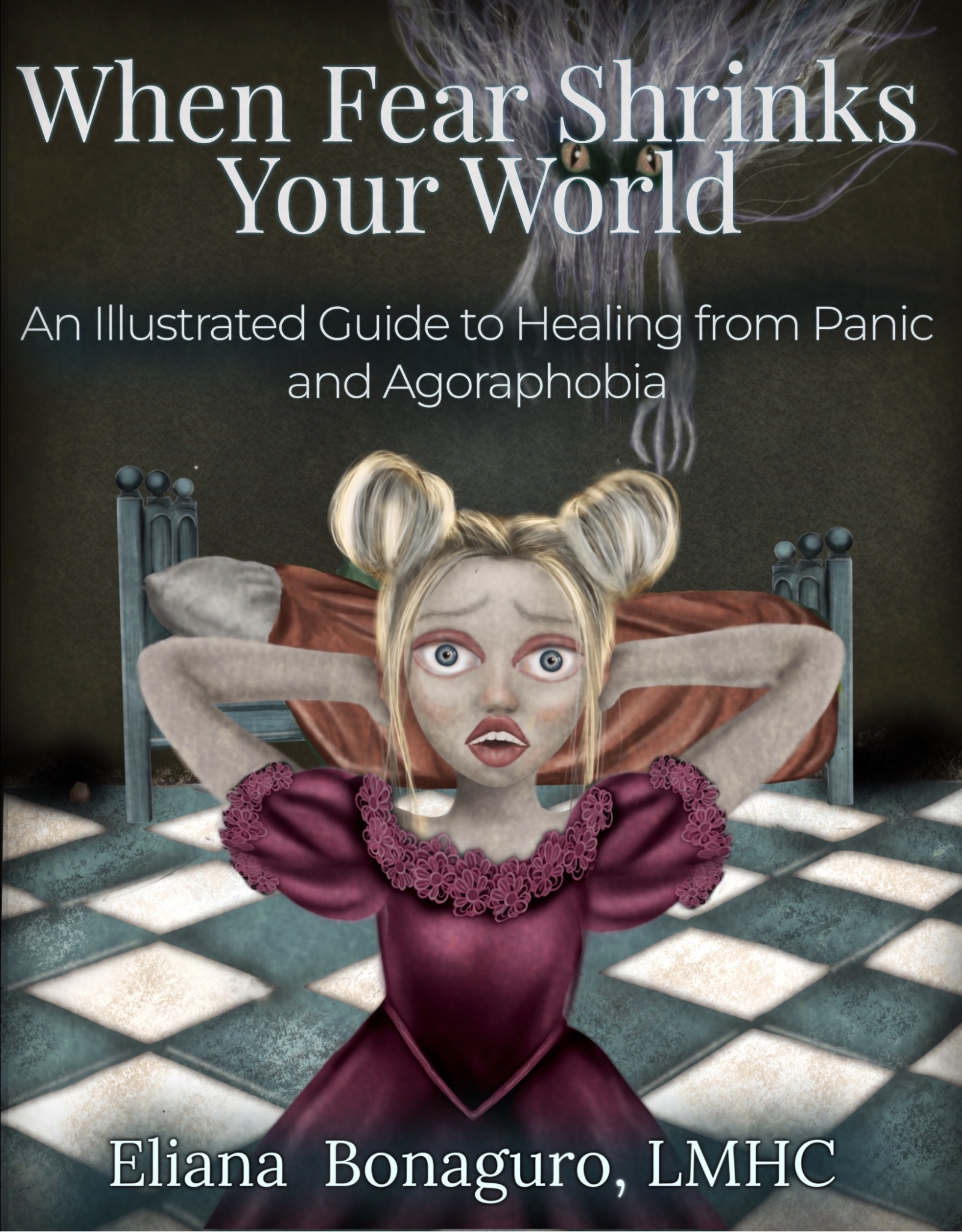 Illustration of a girl with blonde hair in buns, wide eyes, and a distressed expression, standing on a checkered floor with a dark background.