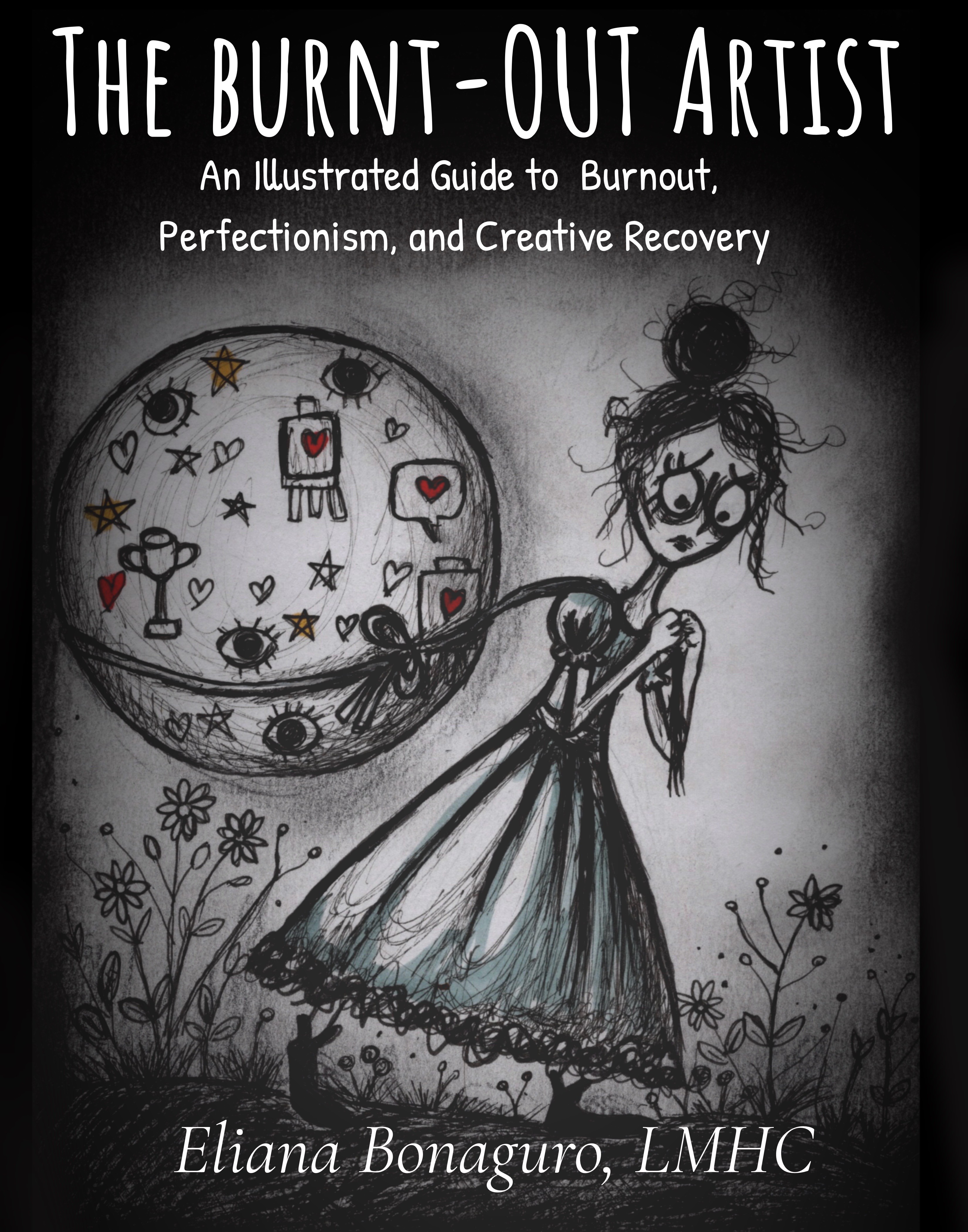 Book cover titled 'The Burnout-Out Artist' features a hand-drawn girl in a dress with a circular design of symbols behind her, surrounded by flowers.