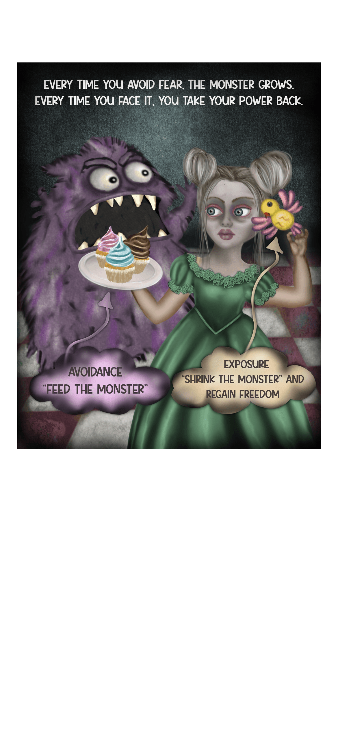 A girl with gray hair and glasses holds a flower, with a purple monster behind her. Text above reads about facing fears.