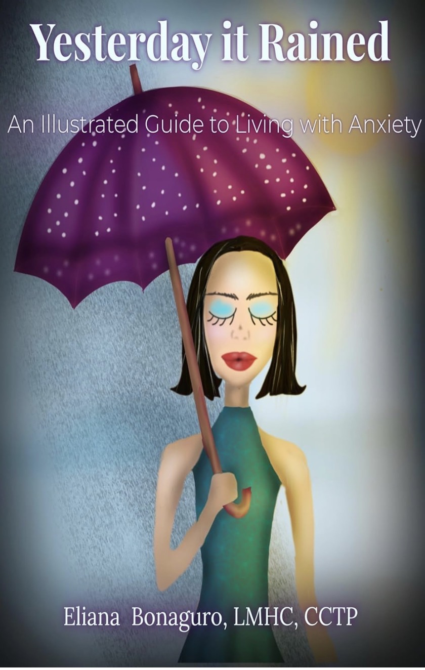 Book cover with a woman holding a purple umbrella, rain falling, and a calm expression, title and author text present.