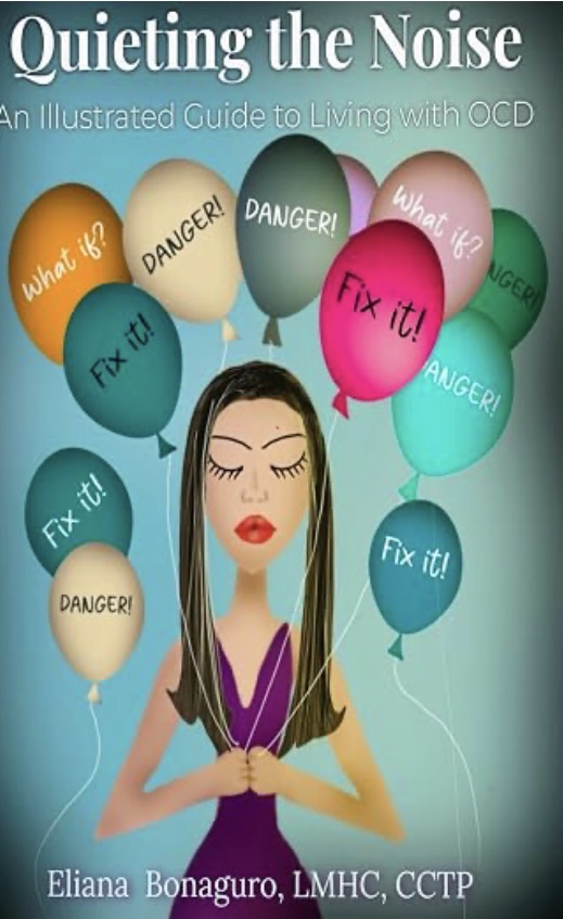 Book cover with a woman meditating surrounded by colorful balloons with words like 'DANGER!', 'Fix it!', and 'What if?'.
