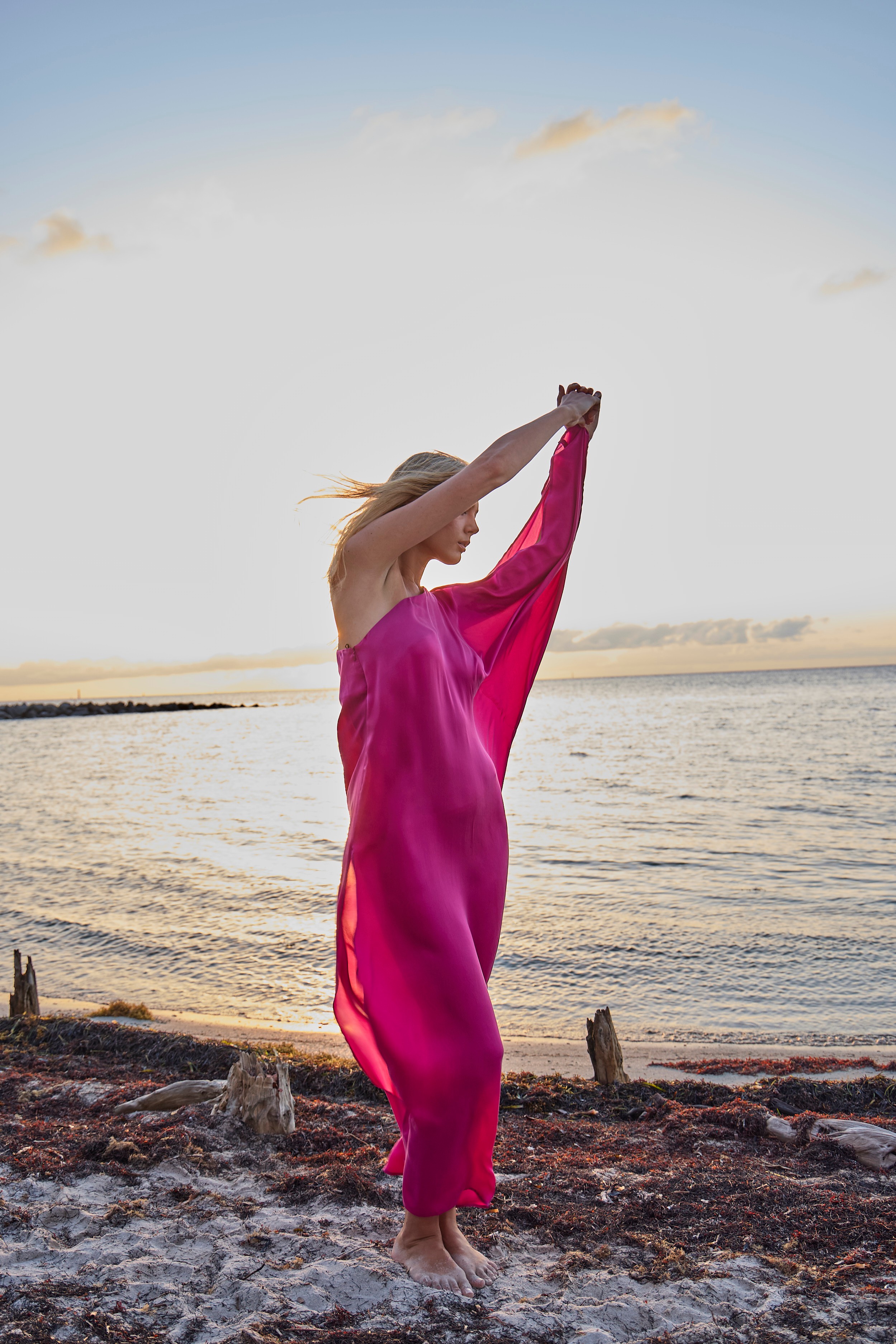 Person standing on a beach holding a pink dress with arms raised, ocean and sky in background.