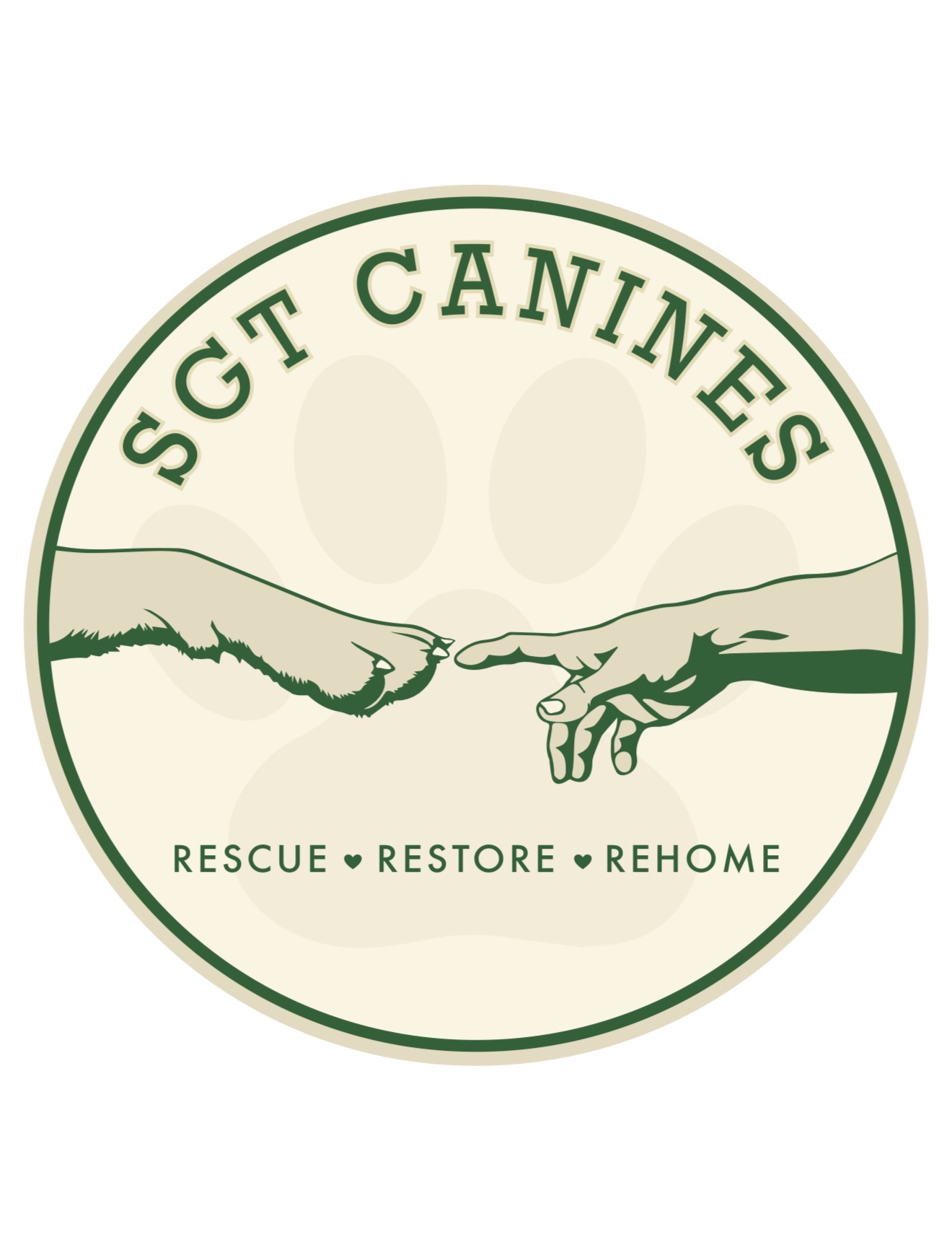 Circular logo with two hands reaching towards each other, paw prints, and text 'SGT CANINES' and 'RESCUE RESTORE REHOME'.
