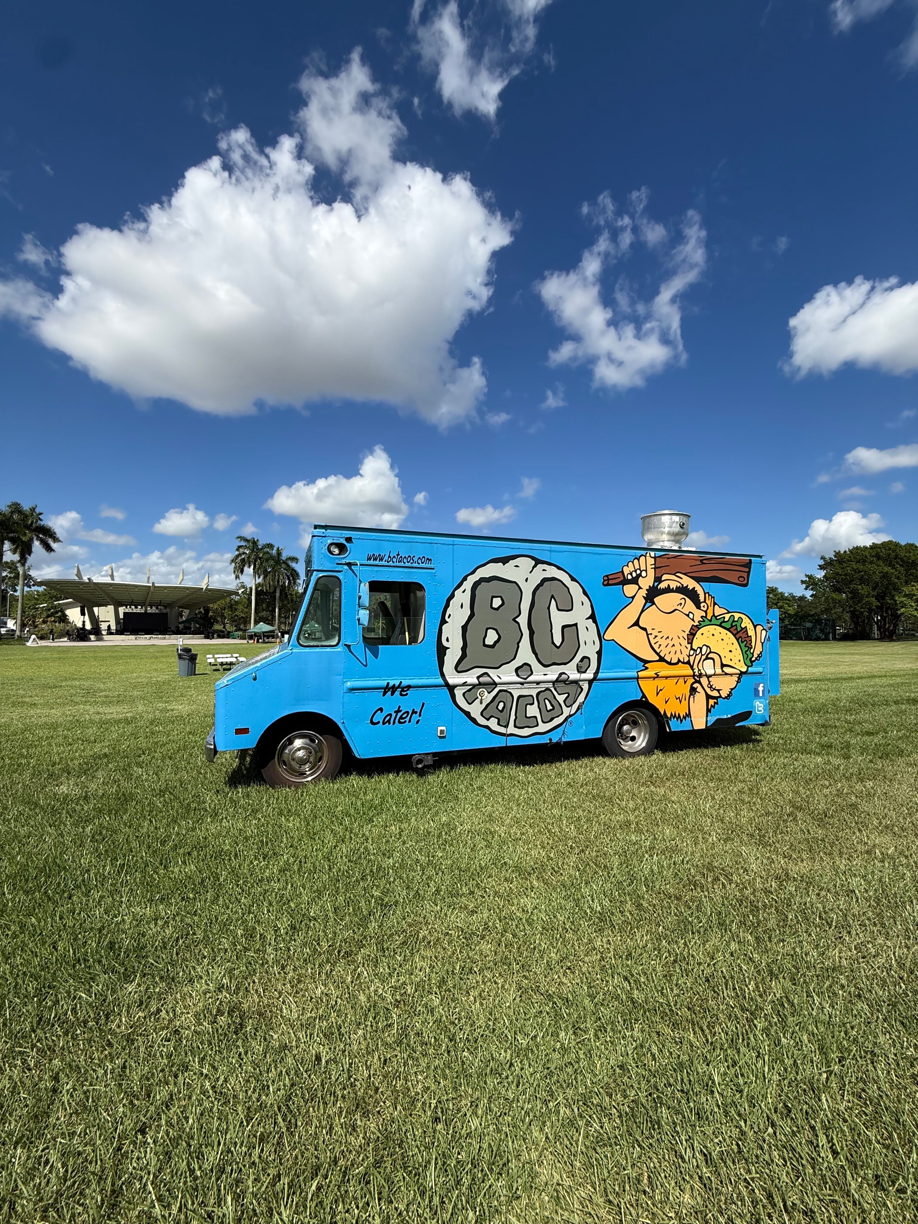 Blue food truck with colorful artwork, parked on grass under a partly cloudy sky.