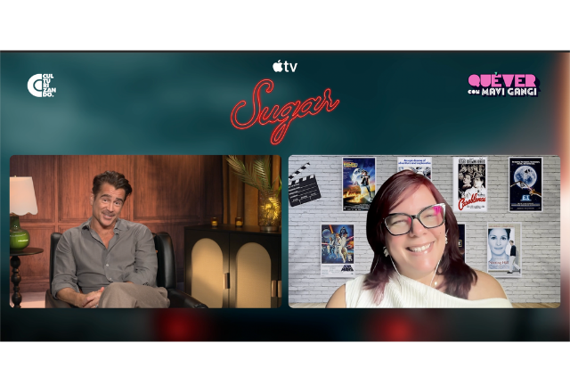Two women are shown in a split-screen format, one smiling in a cozy room and the other smiling in front of a wall with posters.