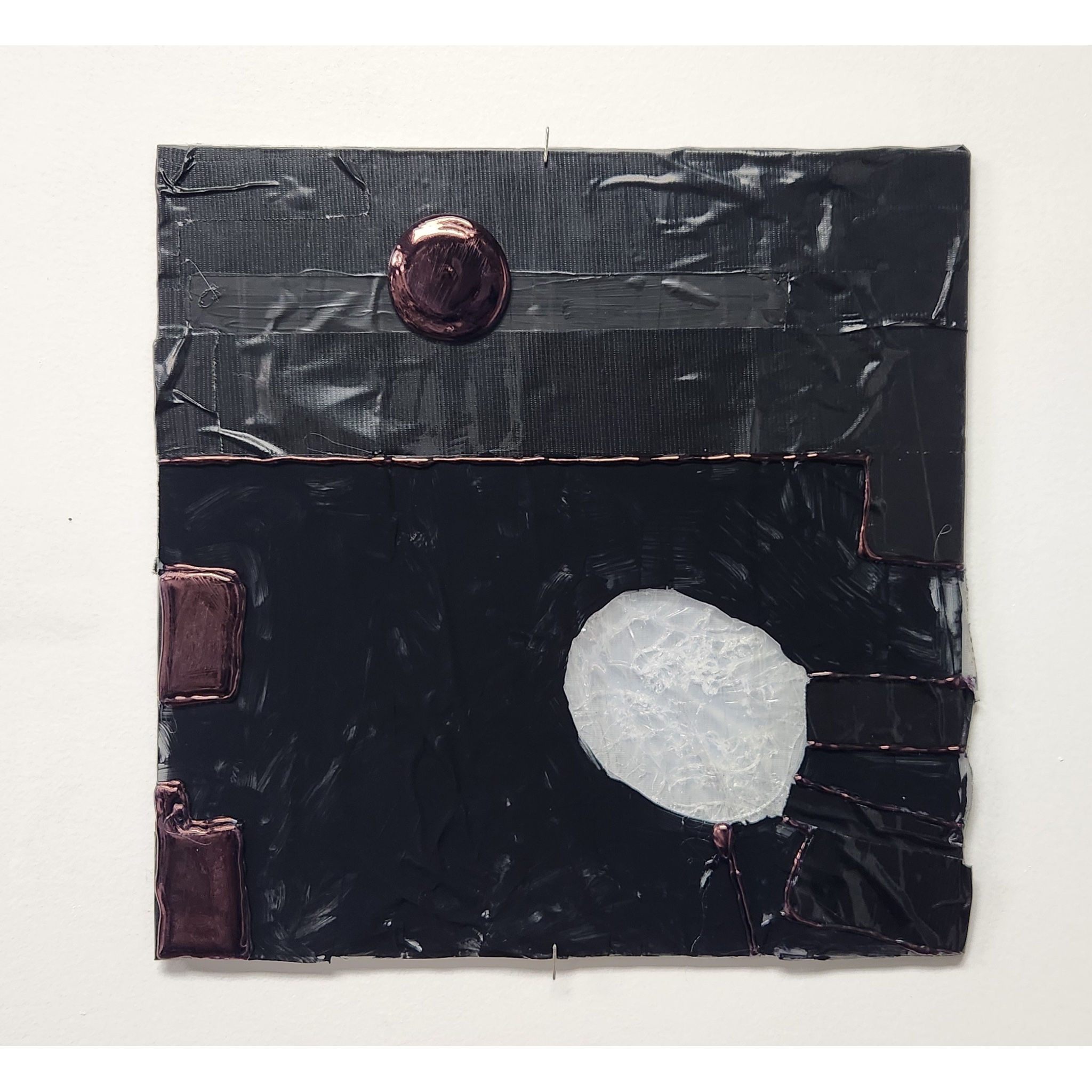 Abstract mixed media artwork with black, white, and metallic elements, including a circular shape and textured surface.