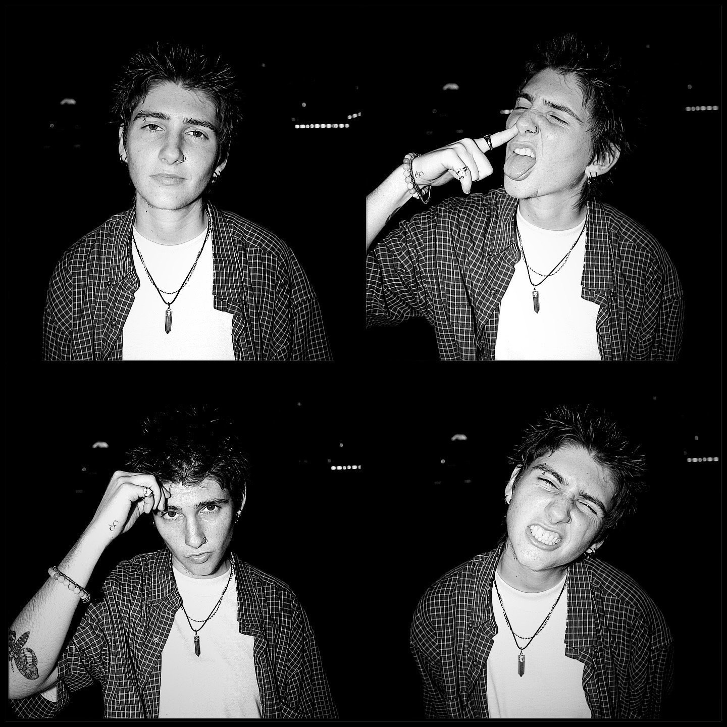 Four black-and-white photos of a young person with short, spiky hair, wearing a checkered shirt and necklace, making different facial expressions.