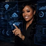 Woman interacts with futuristic digital data displays showing graphs, charts, and cloud technology icons.