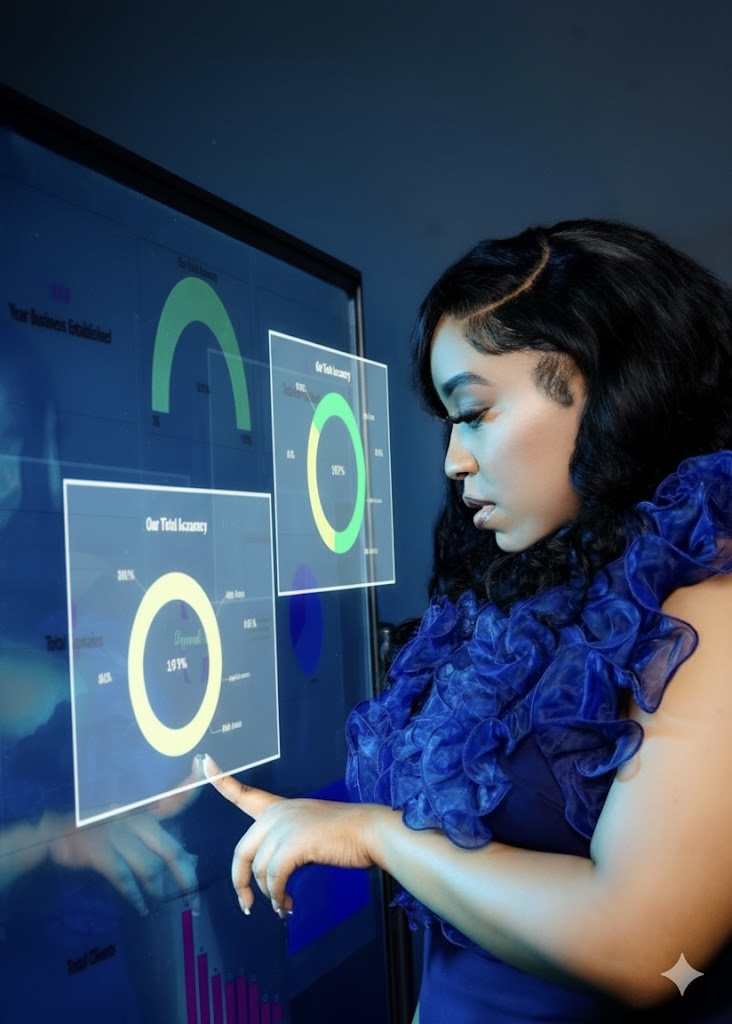 Woman in blue ruffled dress interacts with a digital screen displaying charts and graphs.