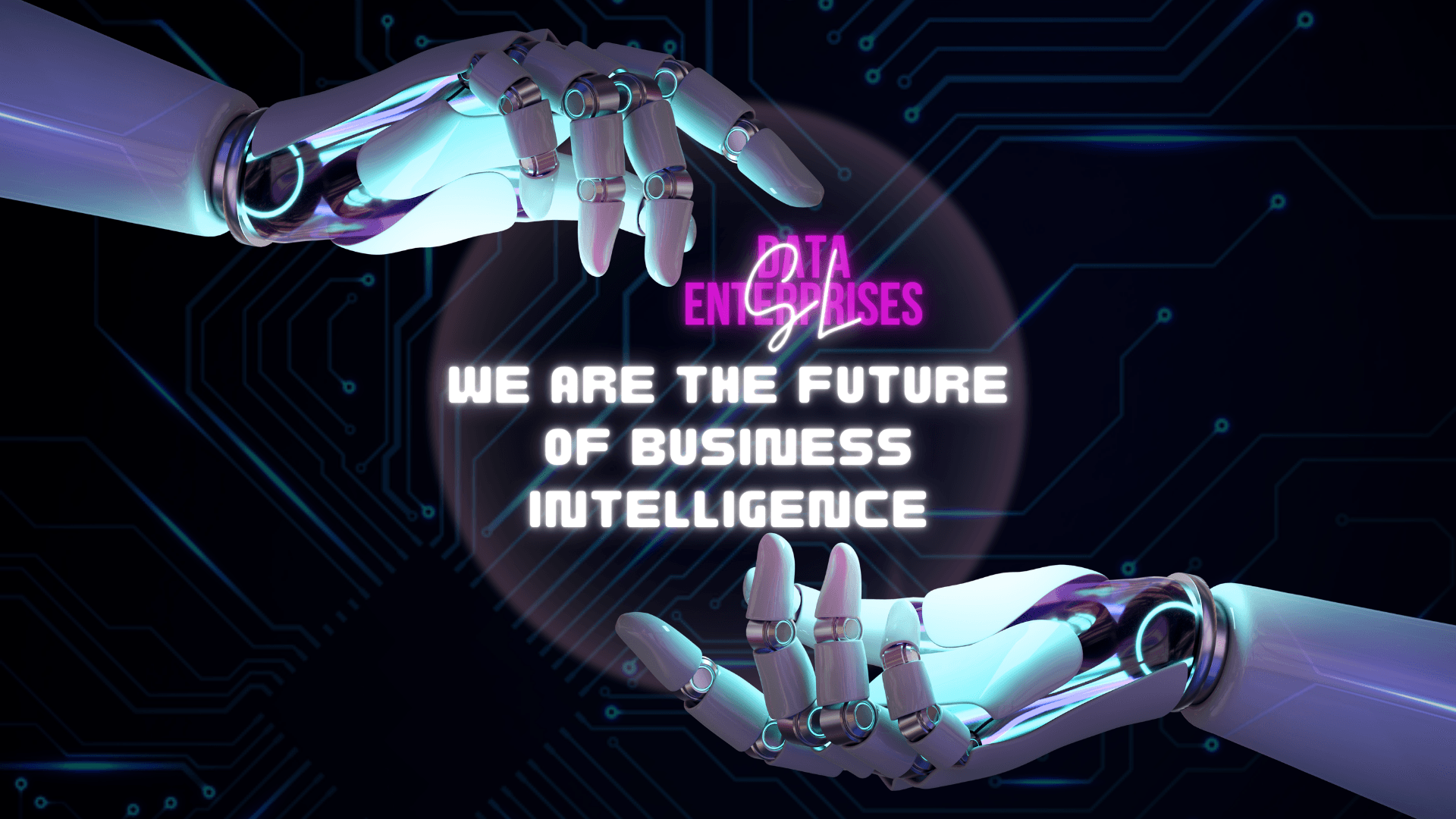 Two robotic hands reaching towards each other with glowing text about future business intelligence.