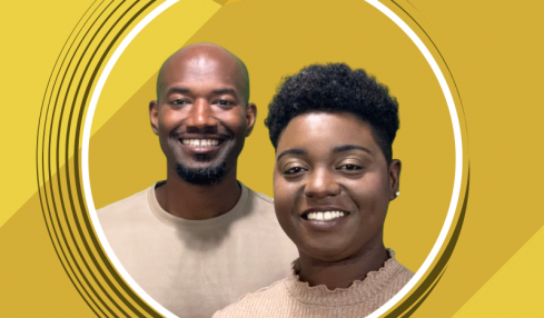 Two smiling people, a man and a woman, pose together against a yellow geometric background with circular design elements.