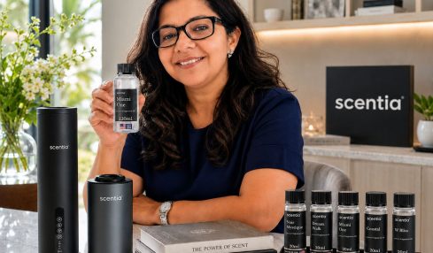 Woman with glasses smiling at a counter with scent products, books, and a black scentia sign in background.